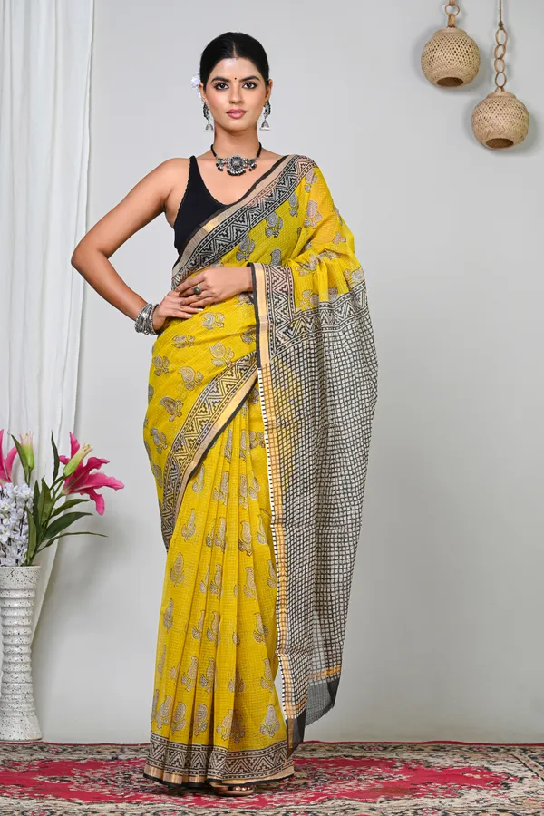 Yellow_Kota_Doriya_Block_Print_Geometric_Border_Saree_For_Women