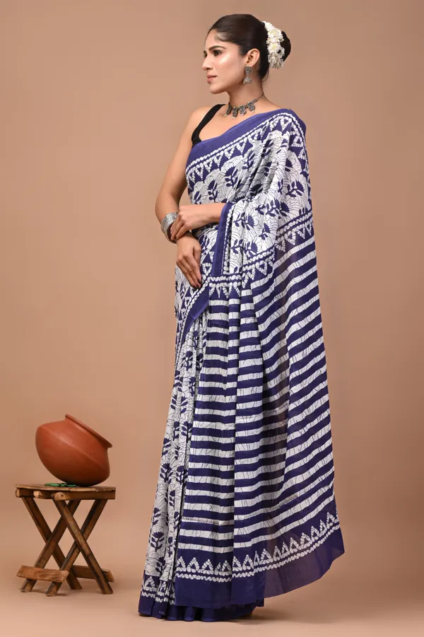 Navy_Blue_And_White_Cotton_Mulmul_Floral_Print_Saree_For_Women
