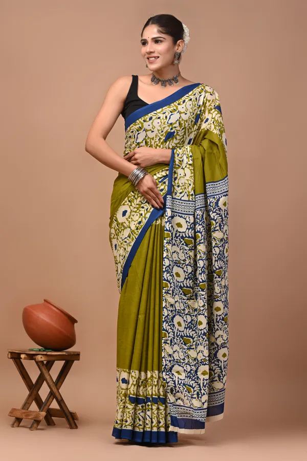 Olive_Green_Cotton_Mulmul_Kalamkari_Print_Saree_For_Women