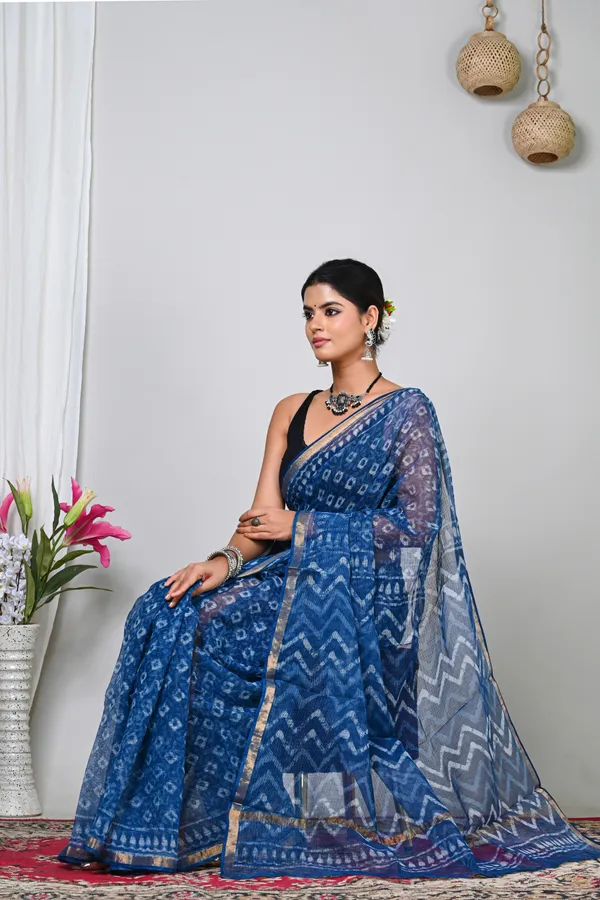Blue_Kota_Doriya_Handwoven_Ikat_Print_Saree_For_Women