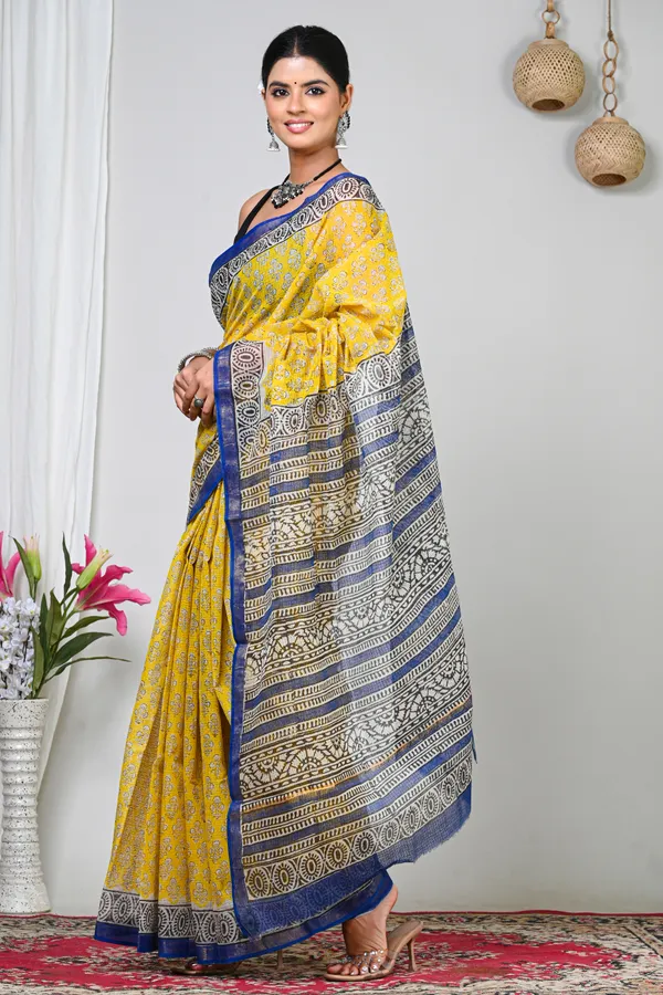 Yellow_Kota_Doriya_Floral_Printed_Contrast_Border_Saree_For_Women