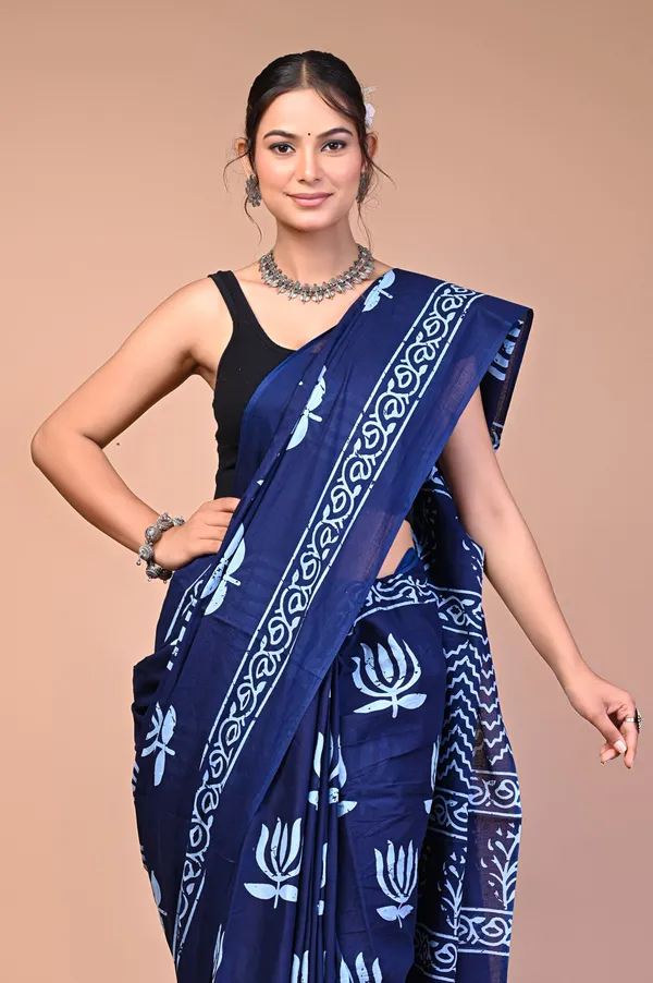 Blue_Cotton_Mulmul_Dabu_Lotus_Print_Saree_For_Women