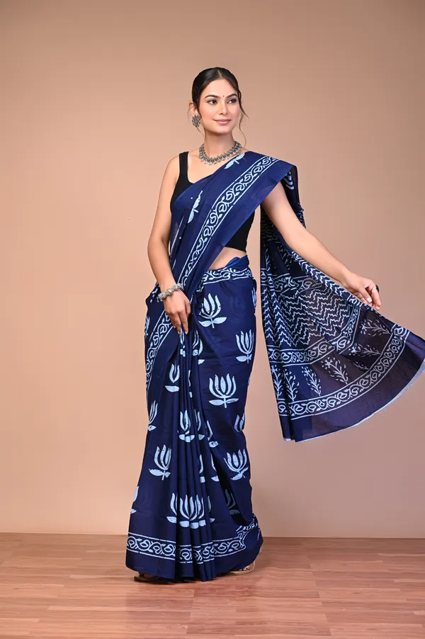 Blue_Cotton_Mulmul_Dabu_Lotus_Print_Saree_For_Women
