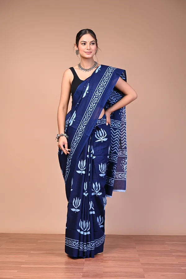 Blue_Cotton_Mulmul_Dabu_Lotus_Print_Saree_For_Women