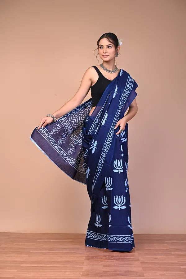 Blue_Cotton_Mulmul_Dabu_Lotus_Print_Saree_For_Women
