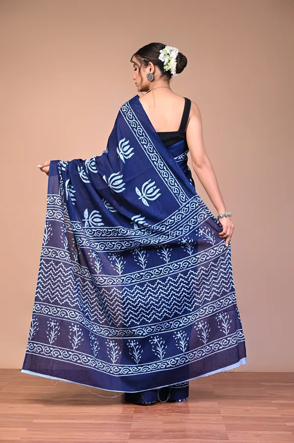 Blue_Cotton_Mulmul_Dabu_Lotus_Print_Saree_For_Women