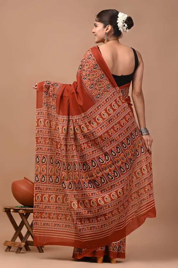 Rust_Cotton_Mulmul_Ajrakh_Block_Print_Saree_For_Women