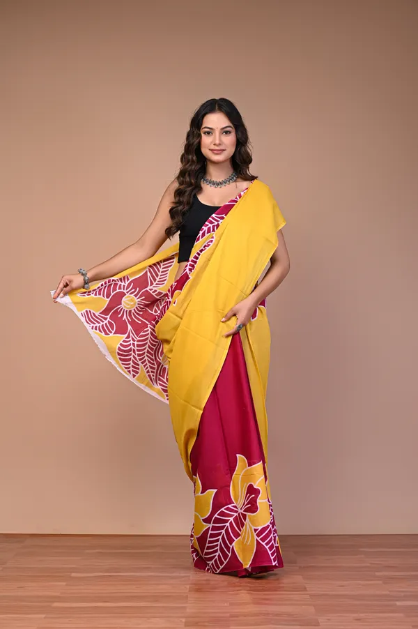 Yellow_And_Maroon_Cotton_Mulmul_Floral_Print_Saree_For_Women