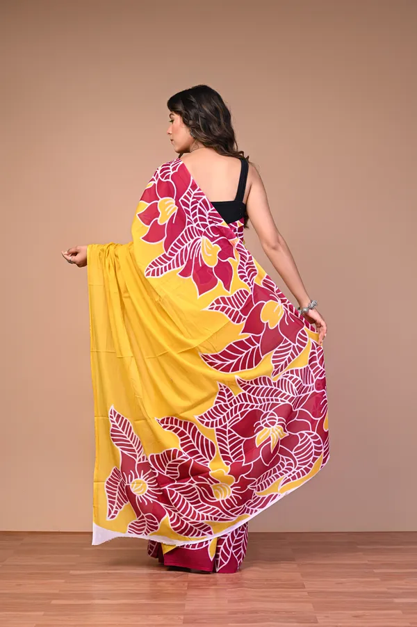 Yellow_And_Maroon_Cotton_Mulmul_Floral_Print_Saree_For_Women