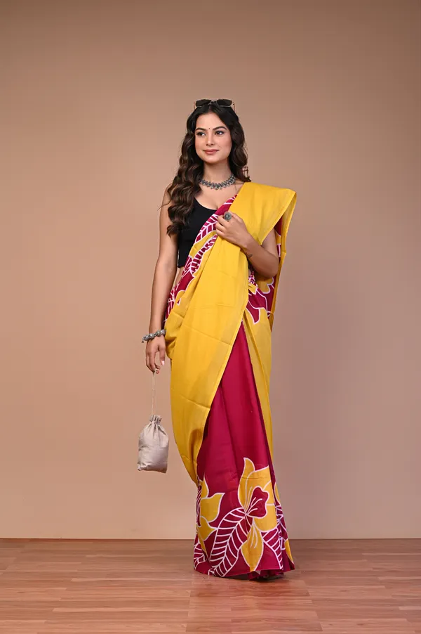 Yellow_And_Maroon_Cotton_Mulmul_Floral_Print_Saree_For_Women