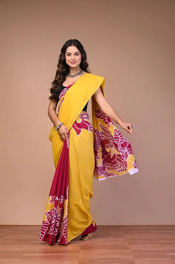 Yellow_And_Maroon_Cotton_Mulmul_Floral_Print_Saree_For_Women