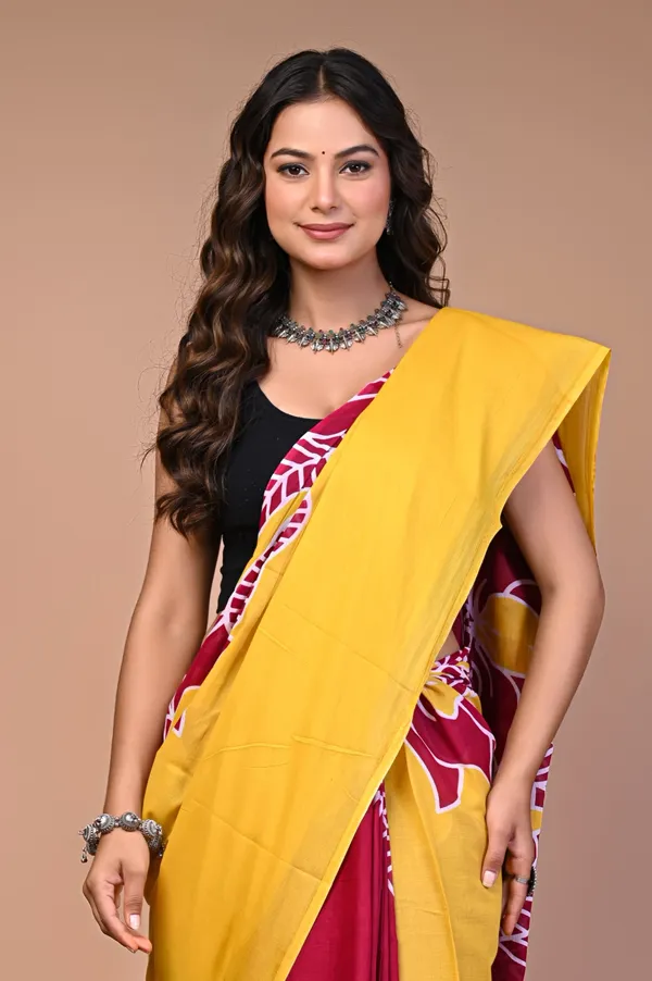Yellow_And_Maroon_Cotton_Mulmul_Floral_Print_Saree_For_Women
