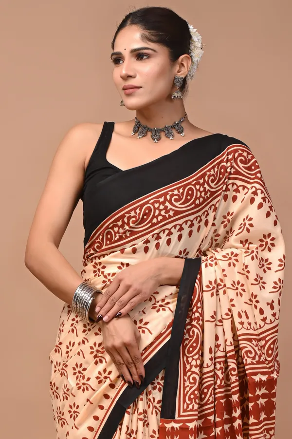 Beige_And_Black_Cotton_Mulmul_Hand_Block_Printed_Saree_With_Border_For_Women