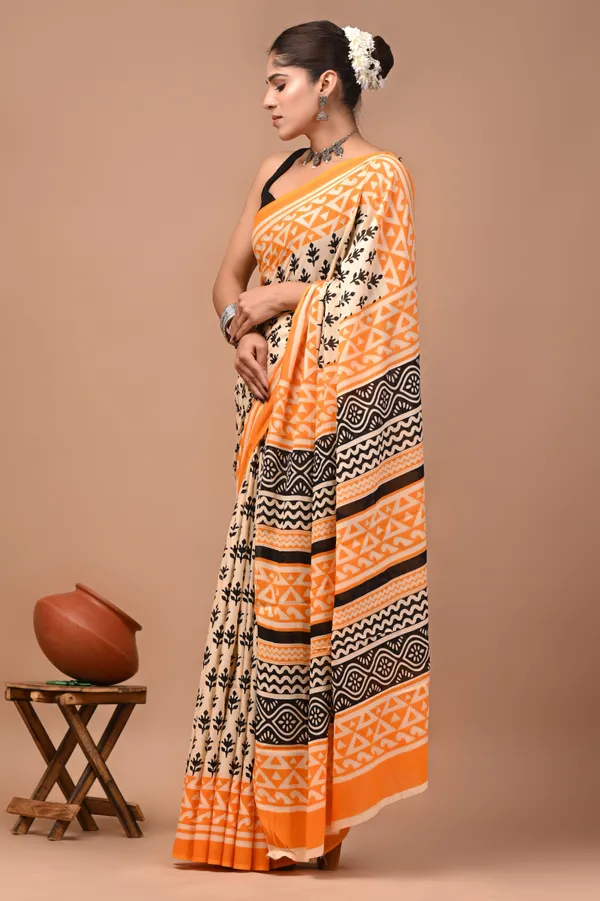 Orange_Cotton_Mulmul_Floral_Block_Printed_Saree_For_Women