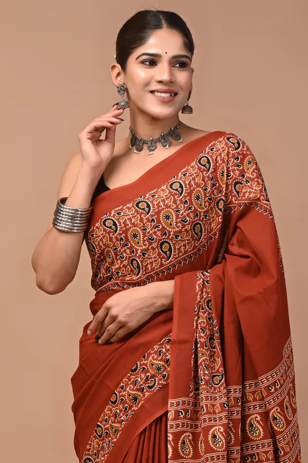 Rust_Cotton_Mulmul_Ajrakh_Block_Print_Saree_For_Women