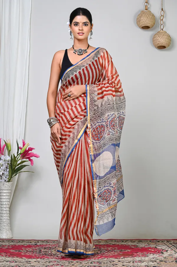 Red_Beige_Kota_Doriya_Block_Printed_Saree_For_Women