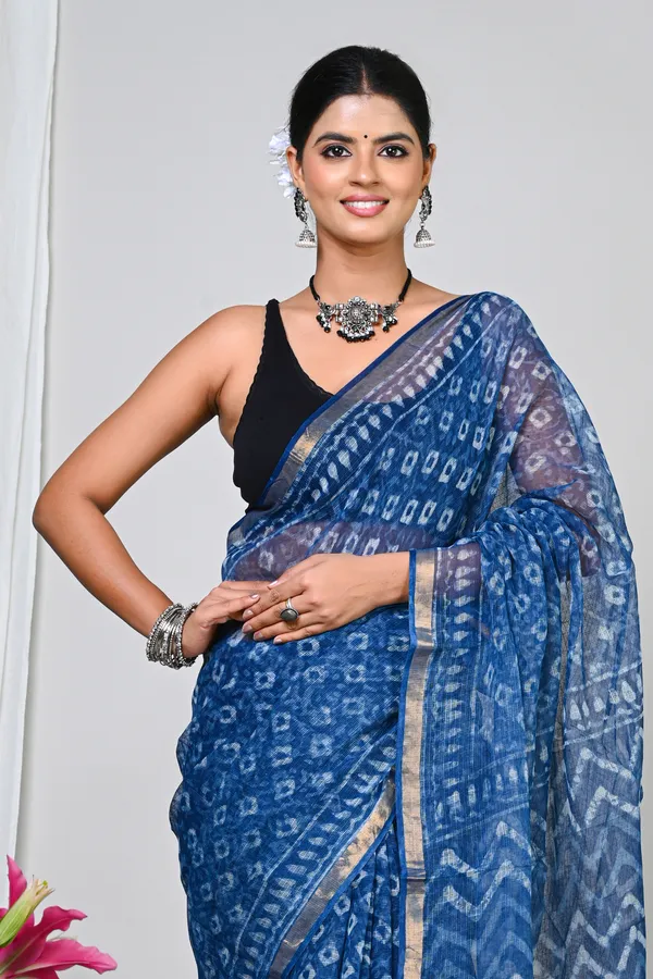 Blue_Kota_Doriya_Handwoven_Ikat_Print_Saree_For_Women