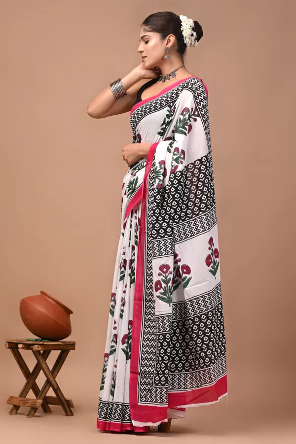 White_And_Black_Cotton_Mulmul_Floral_Print_Saree_For_Women