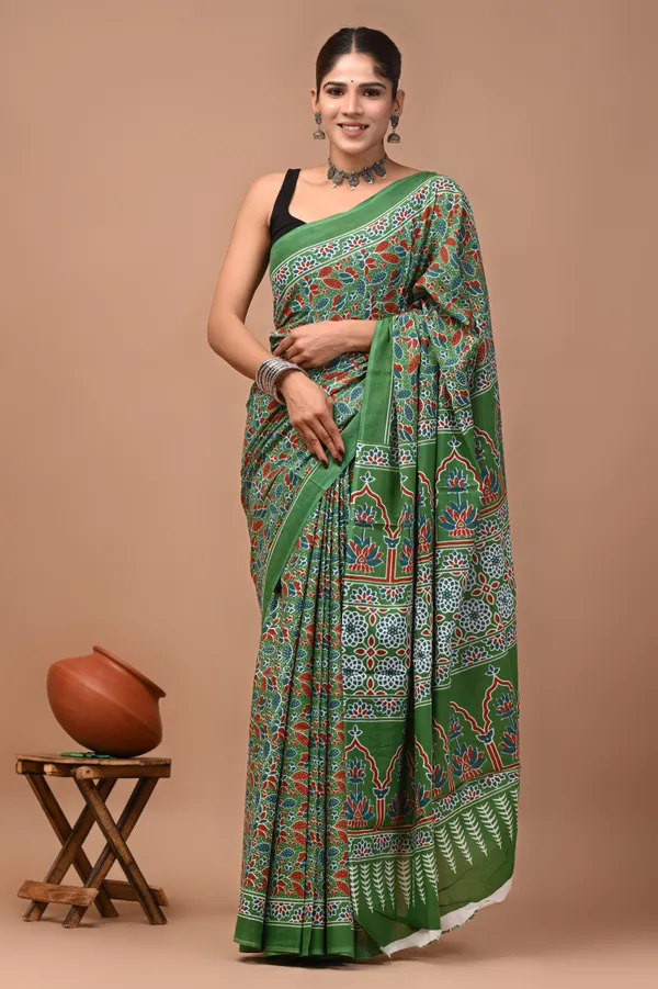 Green_Cotton_Mulmul_Hand_Block_Printed_Saree_For_Women