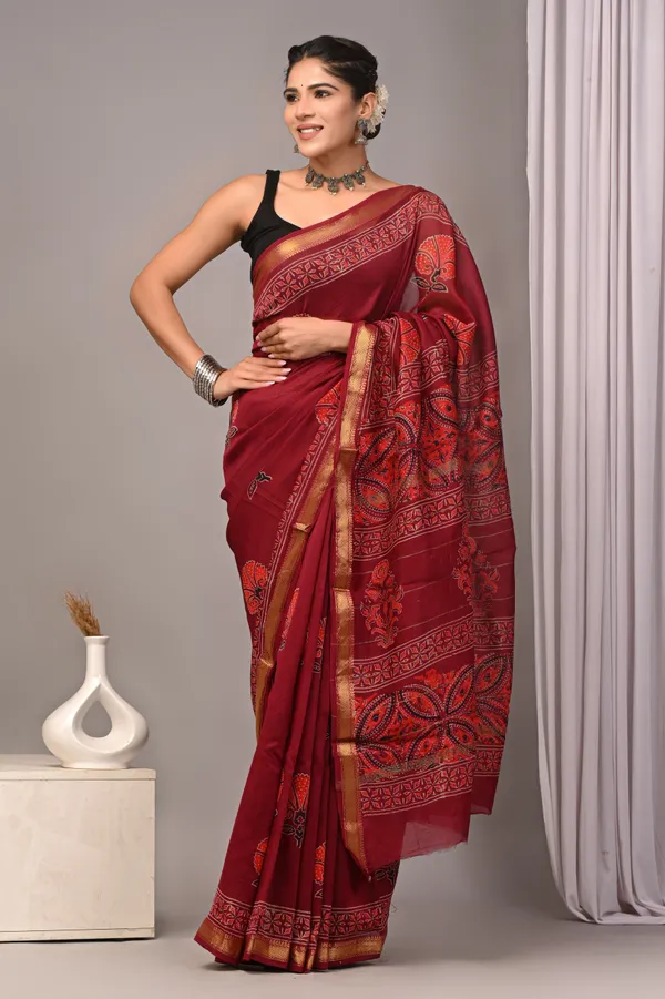 Maroon_Maheshwari_Silk_Kantha_Embroidered_Saree_For_Women