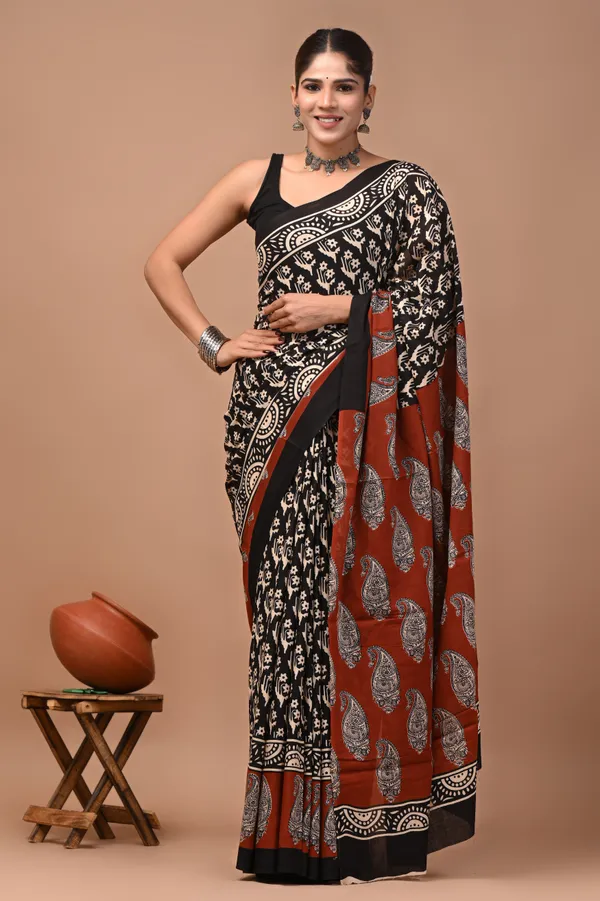 Black_And_Rust_Cotton_Mulmul_Paisley_Print_Saree_For_Women