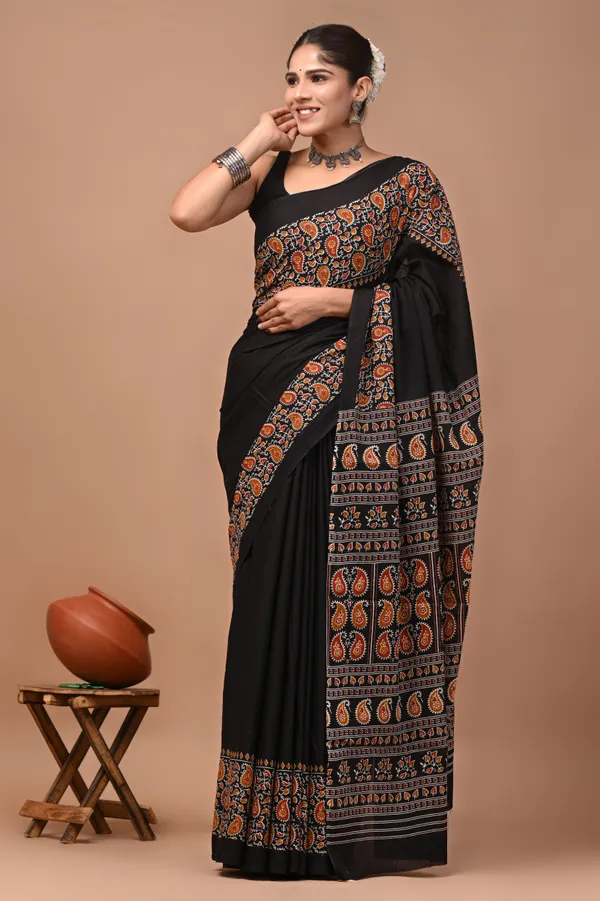 Black_Cotton_Mulmul_Kalamkari_Print_Saree_For_Women