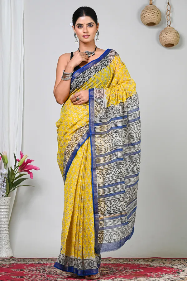 Yellow_Kota_Doriya_Floral_Printed_Contrast_Border_Saree_For_Women