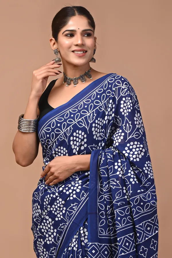 Indigo_Cotton_Mulmul_Hand_Block_Printed_Saree_For_Women