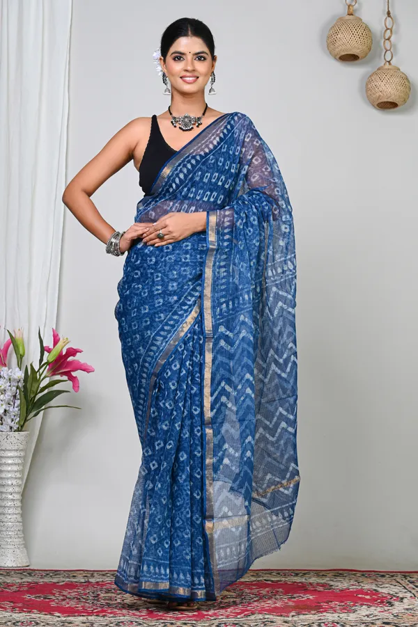 Blue_Kota_Doriya_Handwoven_Ikat_Print_Saree_For_Women