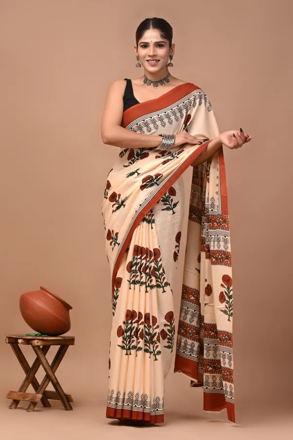 Cream_Cotton_Mulmul_Floral_Print_Saree_For_Women