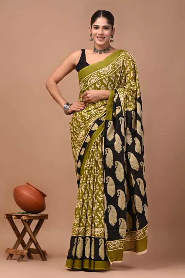 Olive_Green_Cotton_Mulmul_Peacock_Motif_Printed_Saree_For_Women