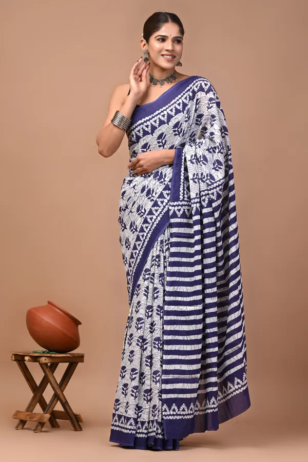 Navy_Blue_And_White_Cotton_Mulmul_Floral_Print_Saree_For_Women