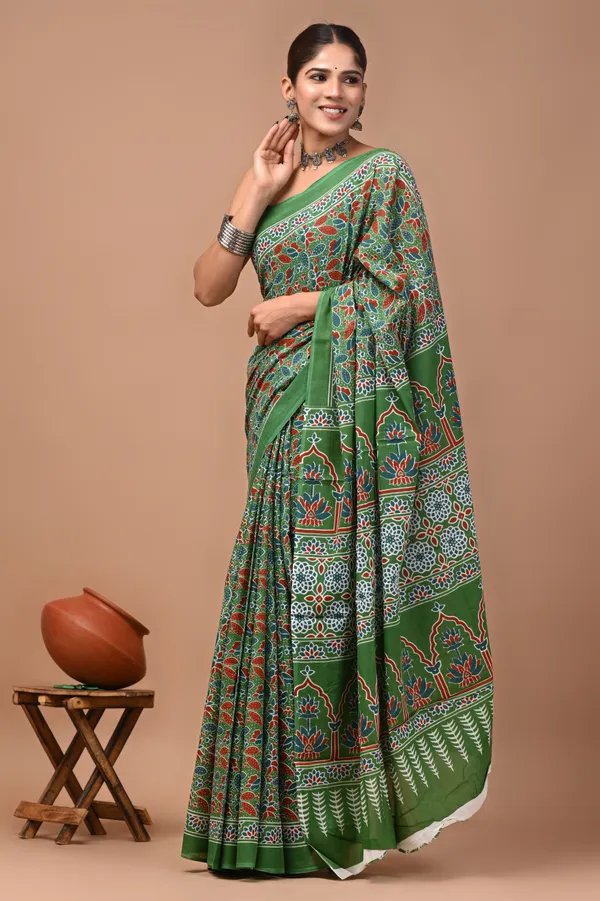 Green_Cotton_Mulmul_Hand_Block_Printed_Saree_For_Women
