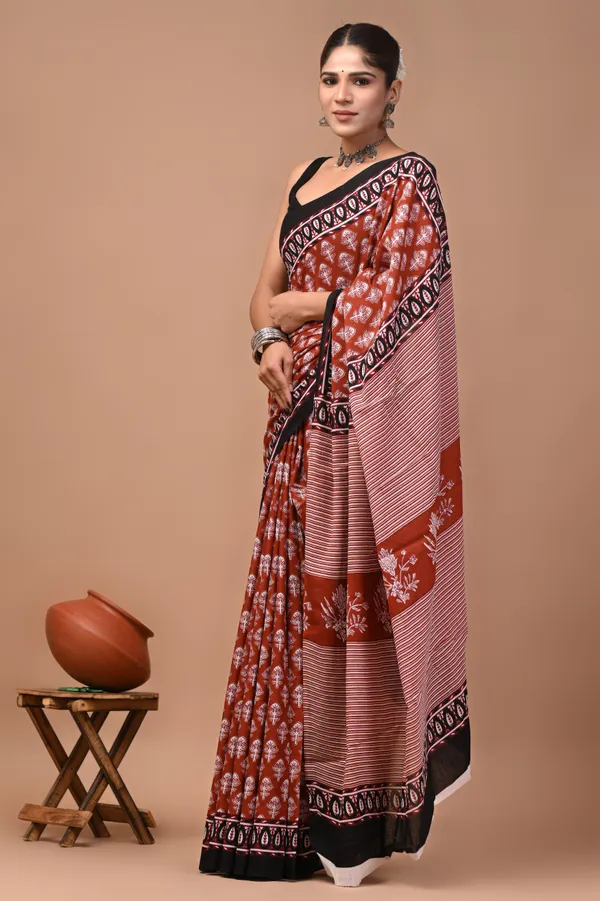 Rust_Red_Cotton_Mulmul_Floral_Block_Print_Saree_For_Women