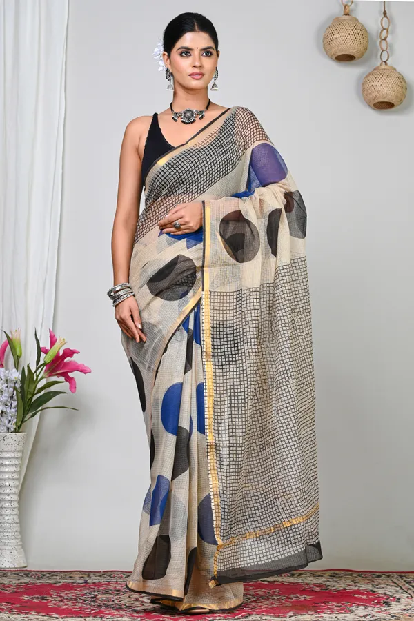 Beige_Kota_Doriya_Geometric_Print_Saree_For_Women