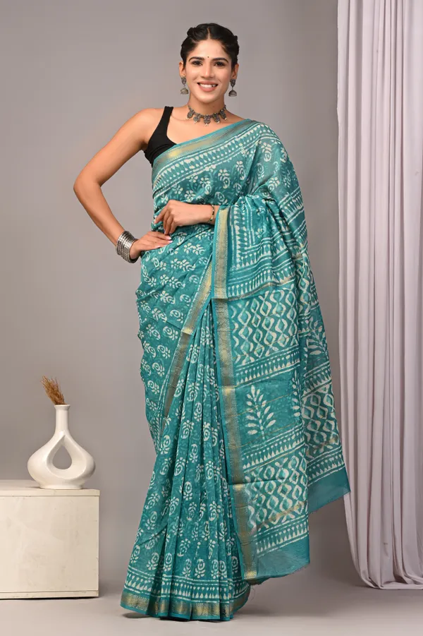 Teal_And_Green_Maheshwari_Silk_Bandhani_Printed_Saree_For_Women