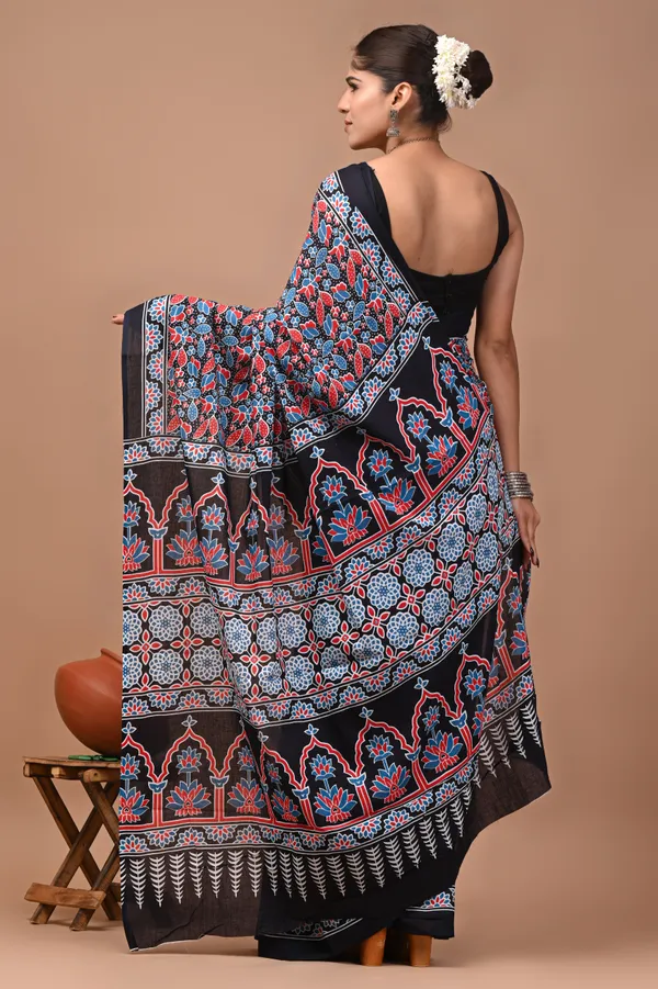Black_Cotton_Mulmul_Ajrakh_Hand_Block_Printed_Saree_For_Women
