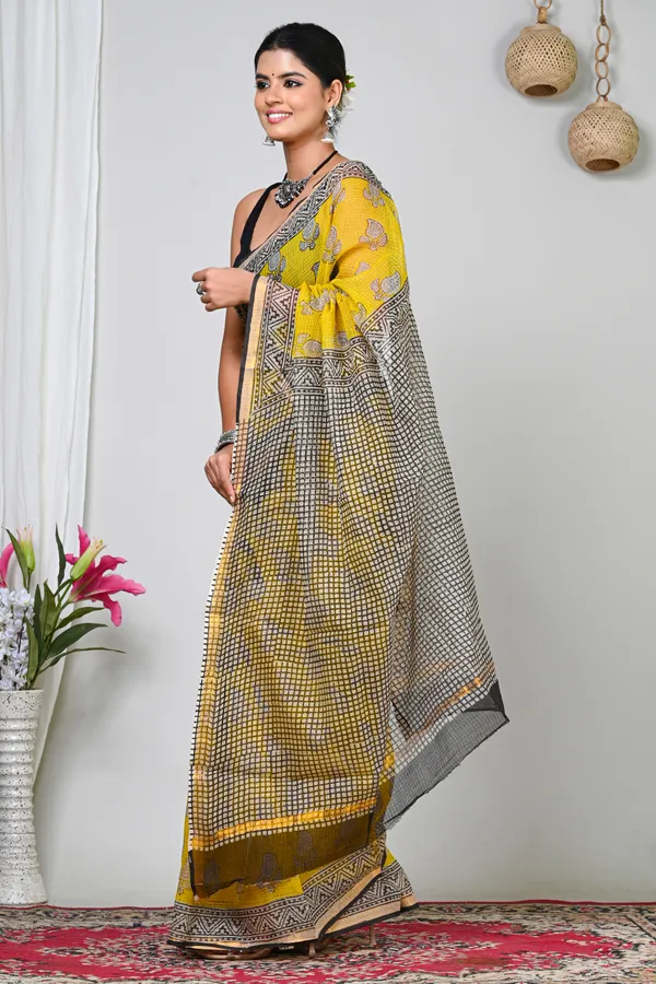 Yellow_Kota_Doriya_Block_Print_Geometric_Border_Saree_For_Women