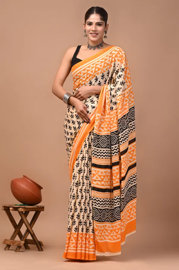 Orange_Cotton_Mulmul_Floral_Block_Printed_Saree_For_Women