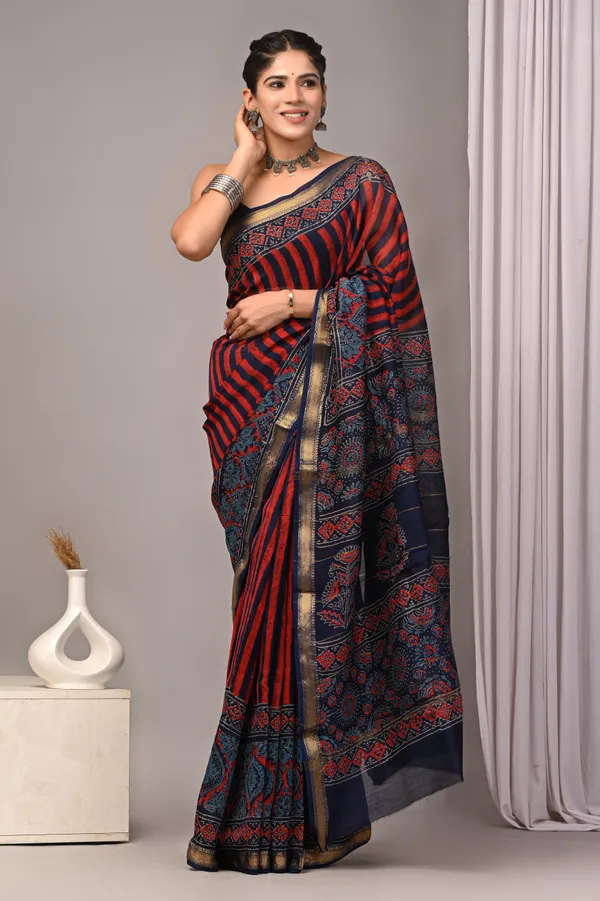 Red_And_Black_Maheshwari_Silk_Striped_Saree_With_Floral_Border_For_Women