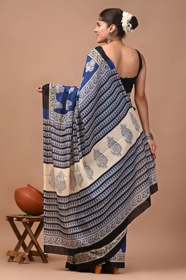 Blue_Cotton_Mulmul_Bagru_Hand_Block_Printed_Saree_For_Women