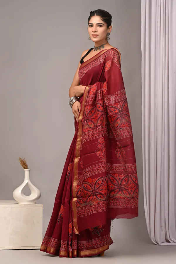 Maroon_Maheshwari_Silk_Kantha_Embroidered_Saree_For_Women