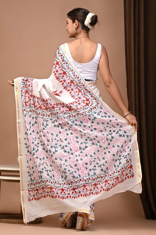 White_Zari_Cotton_Floral_Print_Embroidered_Saree_For_Women