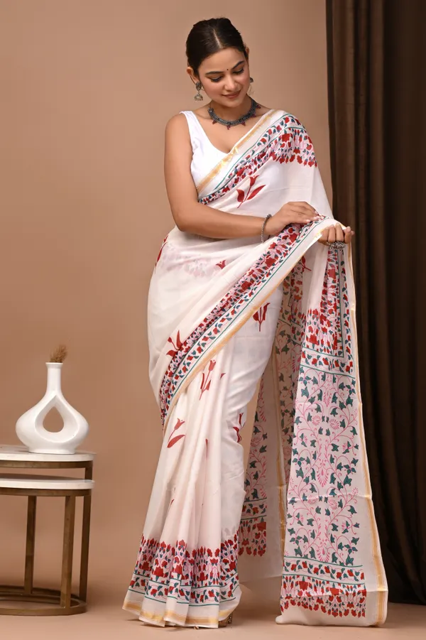White_Zari_Cotton_Floral_Print_Embroidered_Saree_For_Women