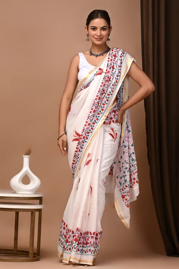 White_Zari_Cotton_Floral_Print_Embroidered_Saree_For_Women