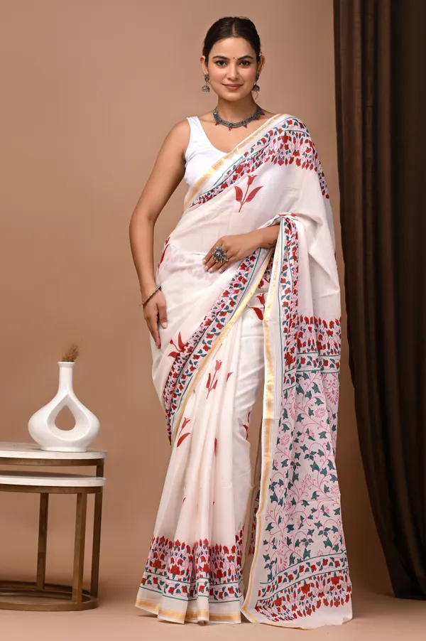 White_Zari_Cotton_Floral_Print_Embroidered_Saree_For_Women