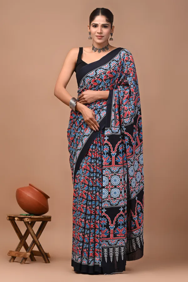 Black_Cotton_Mulmul_Ajrakh_Hand_Block_Printed_Saree_For_Women
