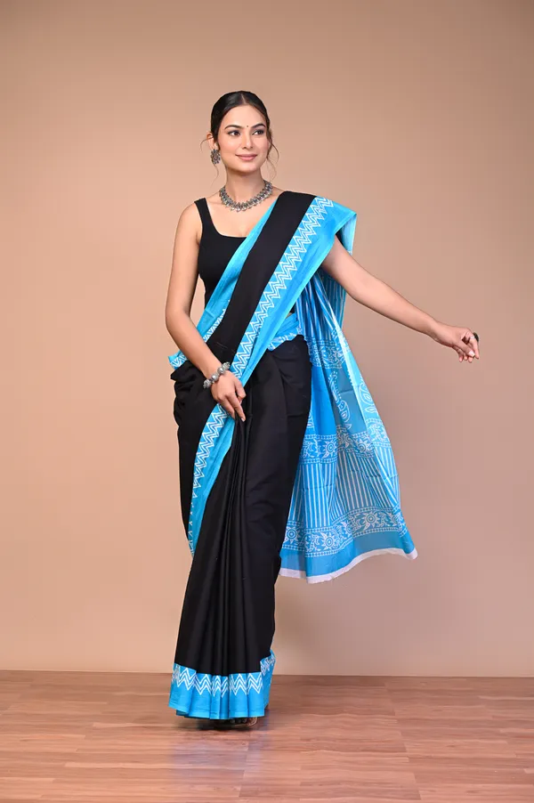 Black_And_Blue_Cotton_Mulmul_Printed_Saree_With_Contrast_Border_For_Women