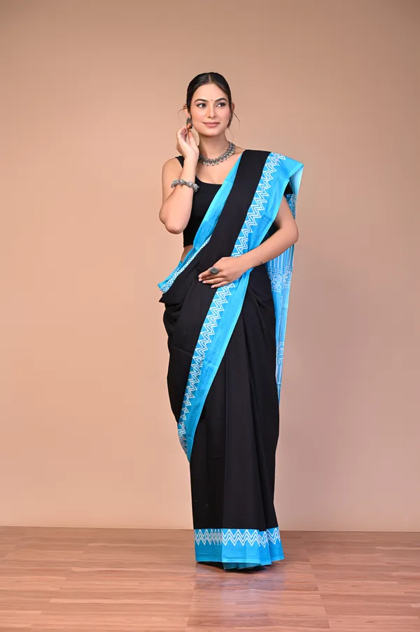 Black_And_Blue_Cotton_Mulmul_Printed_Saree_With_Contrast_Border_For_Women
