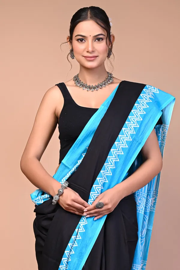 Black_And_Blue_Cotton_Mulmul_Printed_Saree_With_Contrast_Border_For_Women